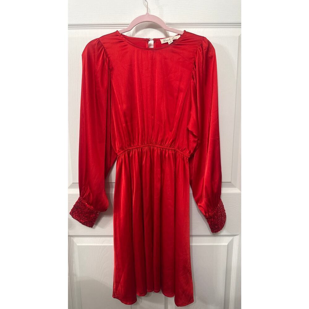 Vine & Love Red Iva Satin Dress with Long Sleeve Sequin Cuffs, S